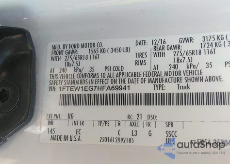 2017 Ford F-150 Lariat z USA, uszkodzony, nr VIN 1FTEW1EG7HFA69941